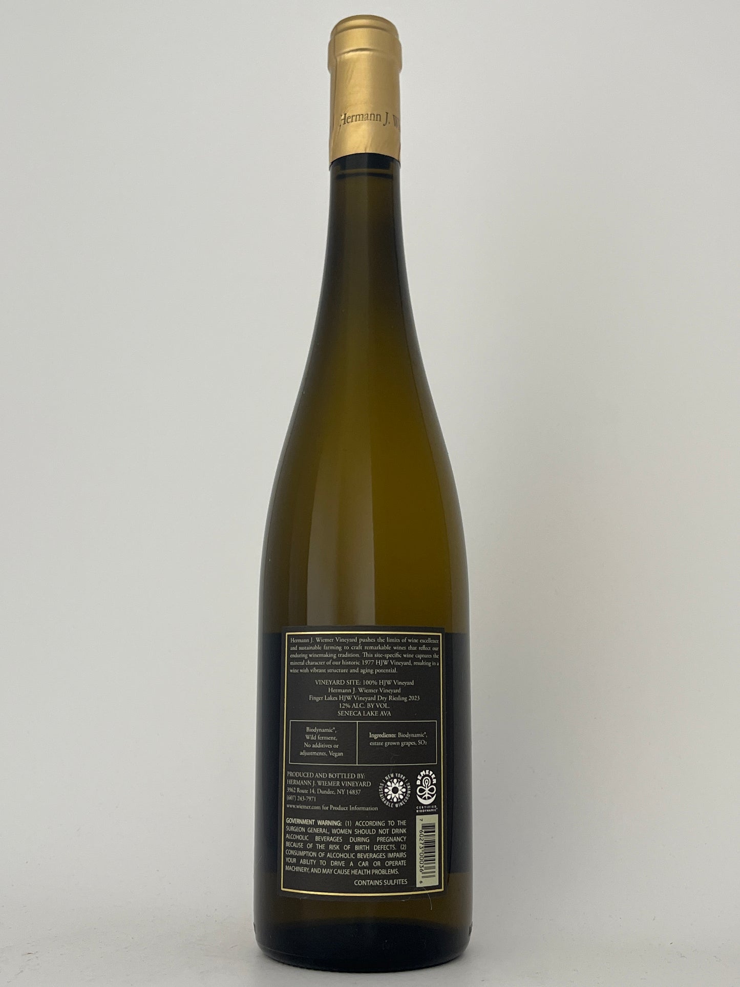Back label of a bottle of Hermann J. Wiemer, Riesling, "HJW," Finger Lakes, New York, United States 2023 in a white backround.