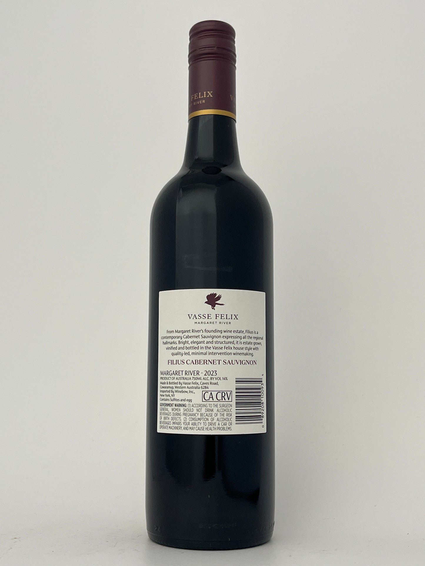 Back label of a bottle of Vasse Felix, Cabernet Sauvignon, "Filius," Margaret River, Western Australia, Australia 2023 in a white backround.