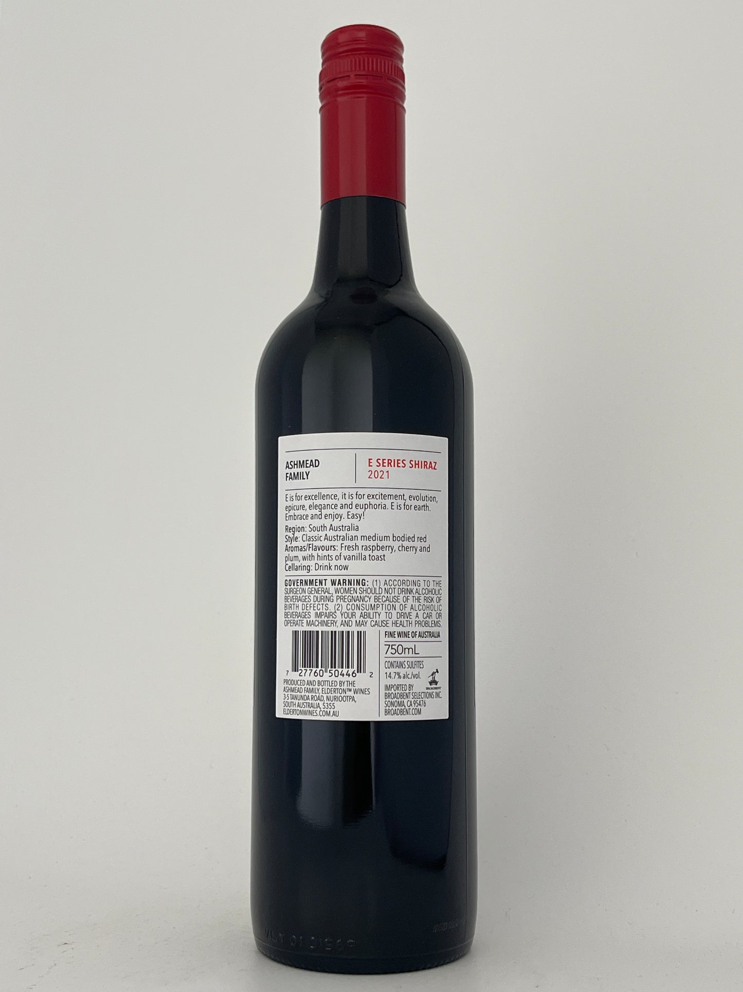 Back label of a bottle of Elderton, Shiraz, "E Series," South Australia, Australia 2021 in a white backround.