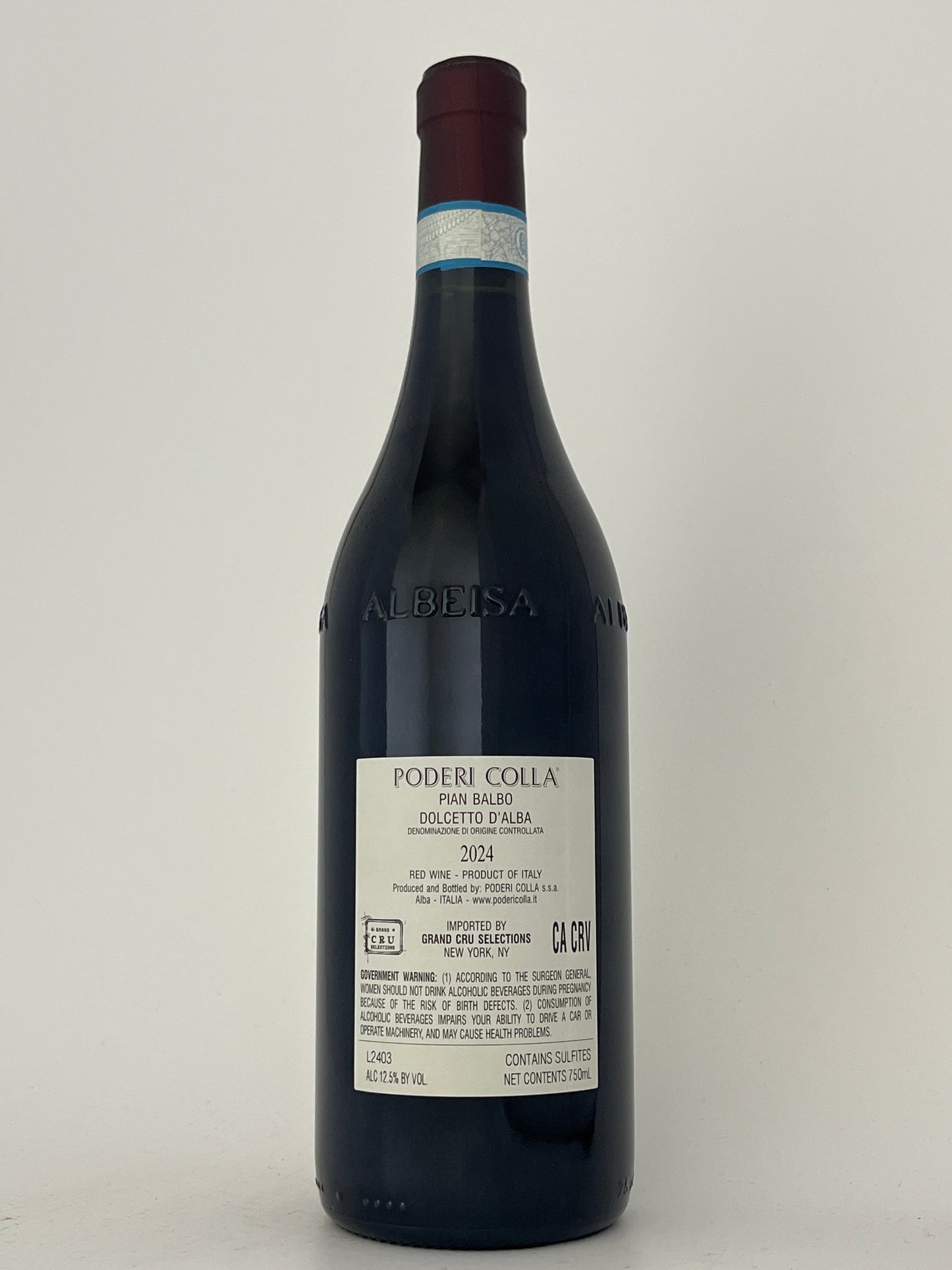 Back label of a bottle of Poderi Colla, Dolcetto d'Alba, "Pian Balbo," Piedmont, Italy 2023 in a white backround.