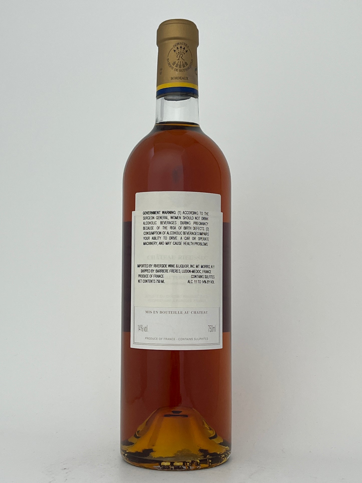 Back label of a bottle of Chateau Rieussec, Semillon, Sauternes, Bordeaux, France 2003 in a white backround.