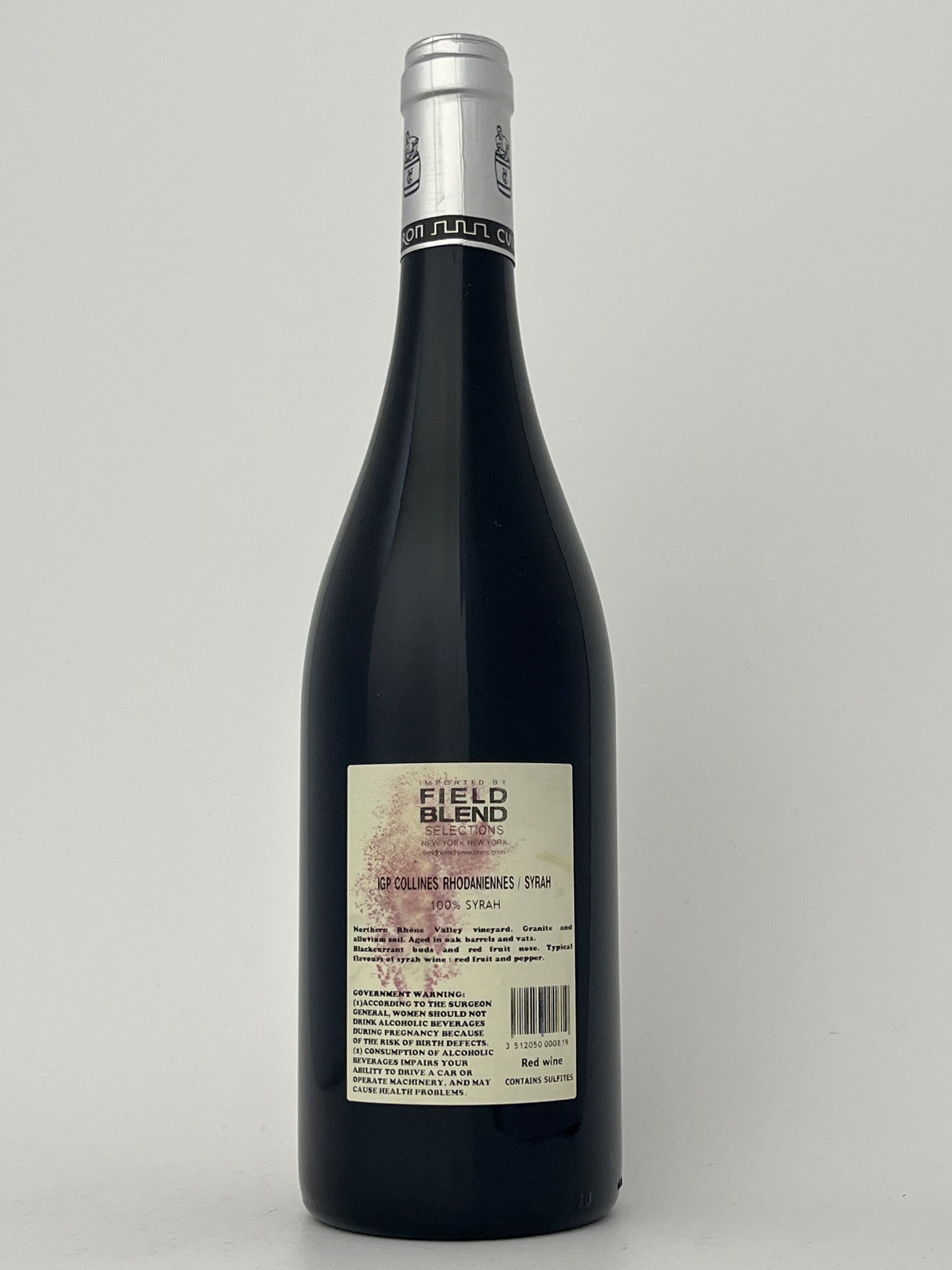 Back label of a bottle of Yves Cuilleron, Syrah, 'Les Vignes d'a Cote," Collines Rhodaniennes, Rhone, France 2023 in a white backround.