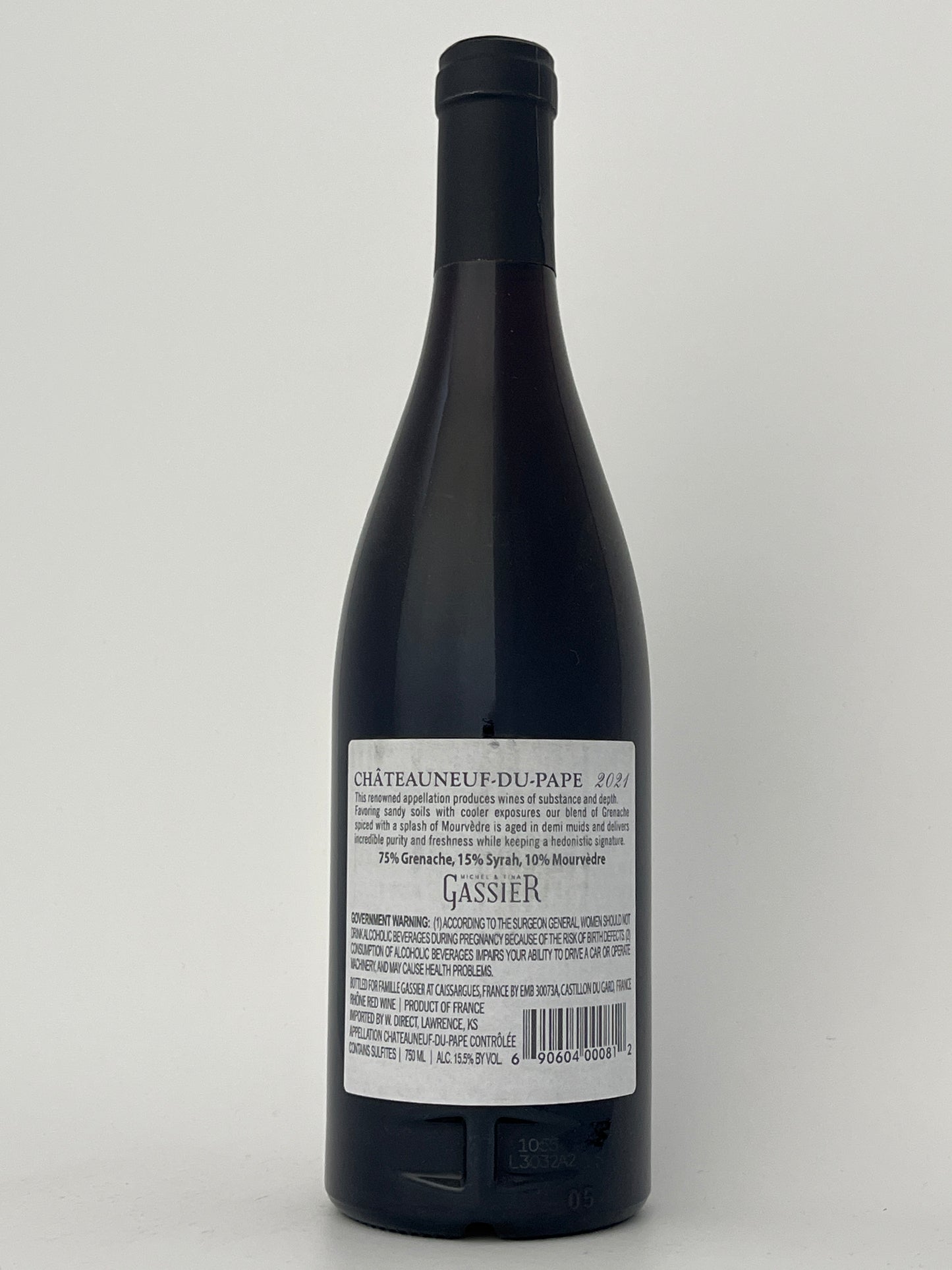 Back label of a bottle of Gassier, Grenache, Chateauneuf-du-Pape, Rhone, France 2021 in a white backround.
