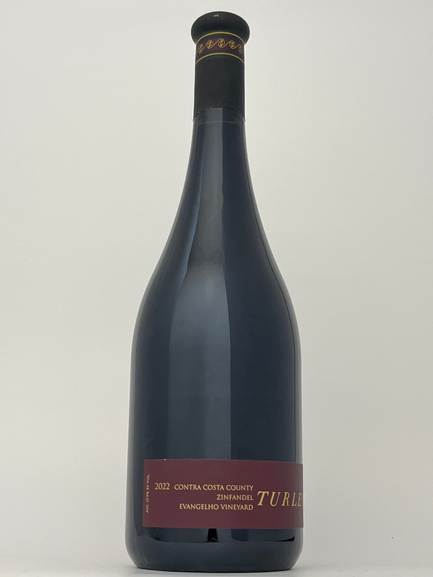 Bottle of Turley, Zinfandel, "Evangelho Vineyard," Contra Costa, California, United States 2022 in a white backround.