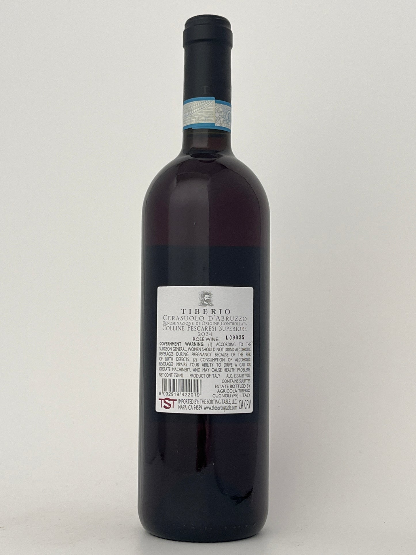 Back label of a bottle of Tiberio, Montepulciano, Cerasuolo d'Abruzzo, Abruzzo, Italy 2024 in a white backround.