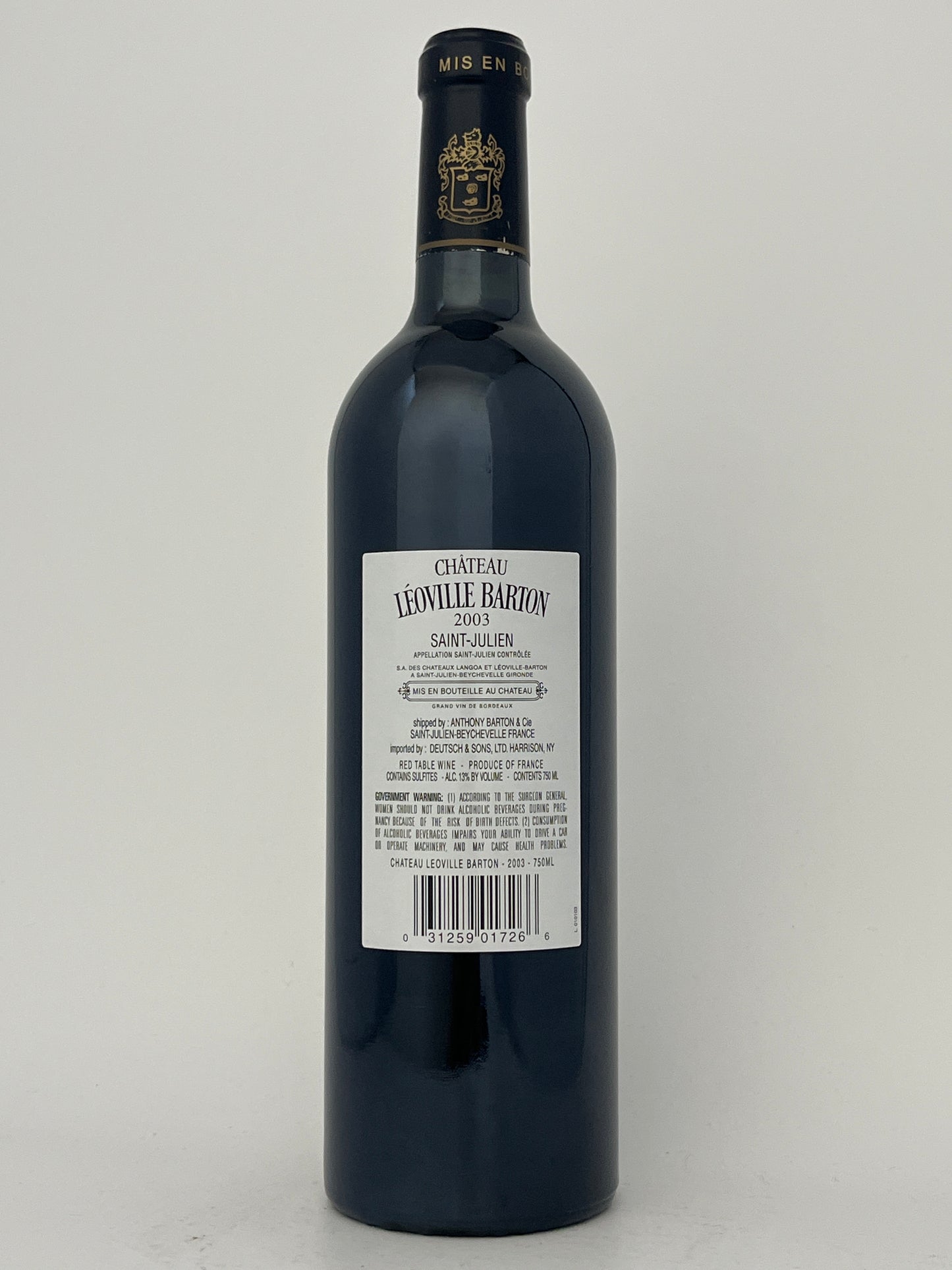 Back label of a bottle of Chateau Leoville Barton, Cabernet Sauvignon, Saint-Julien, Bordeaux, France 2003 in a white backround.