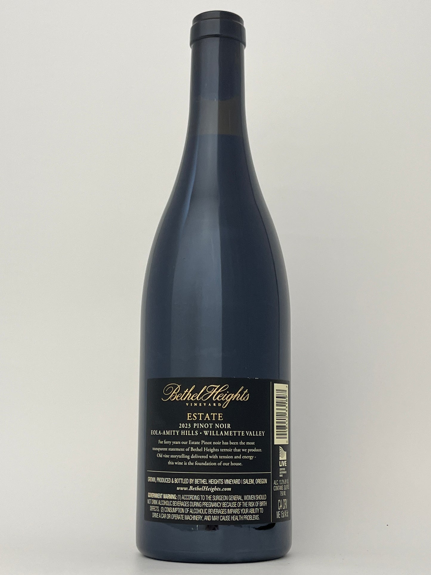Back label of a bottle of Bethel Heights, Pinot Noir, Eola-Amity Hills, Willamette Valley, Oregon 2023 in a white backround.