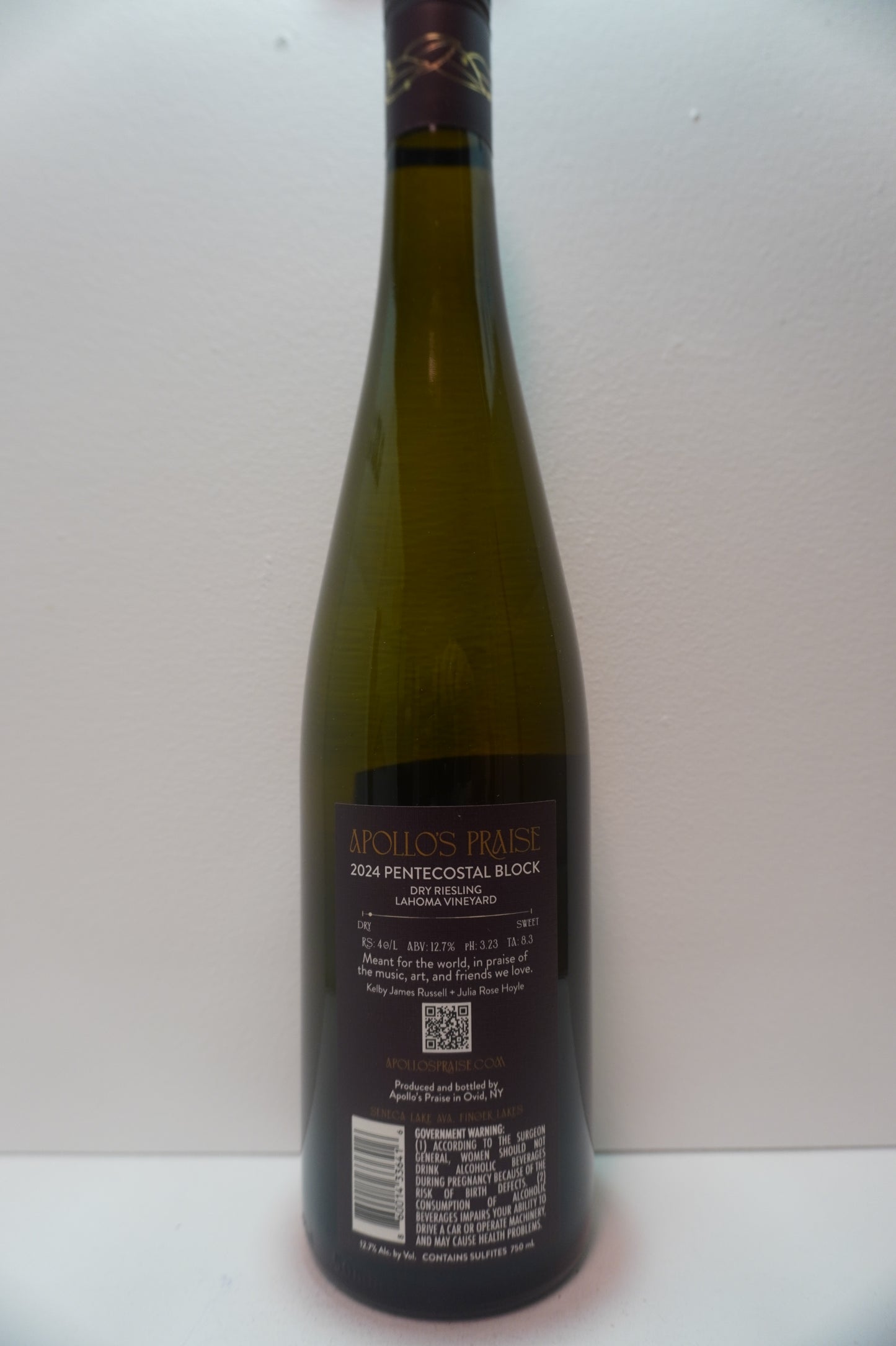 Apollo's Praise, Riesling, "Lahoma Vineyard- Pentecoastal Block Dry," Seneca Lake, Finger Lakes, New York, United States, 2024