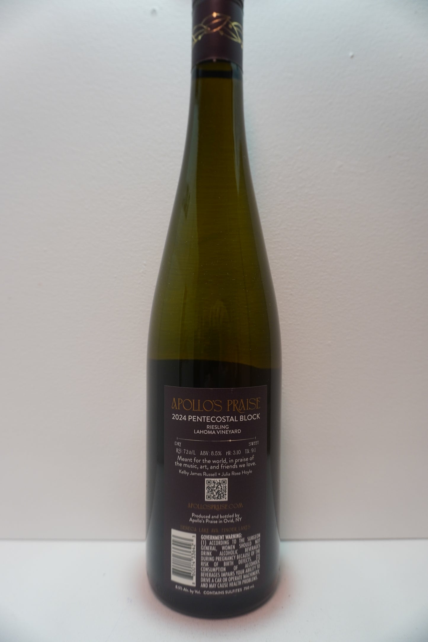 Apollo's Praise, Riesling, "Lahoma Vineyard- Pentecoastal Block Spatlese," Seneca Lake, Finger Lakes, New York, United States, 2024