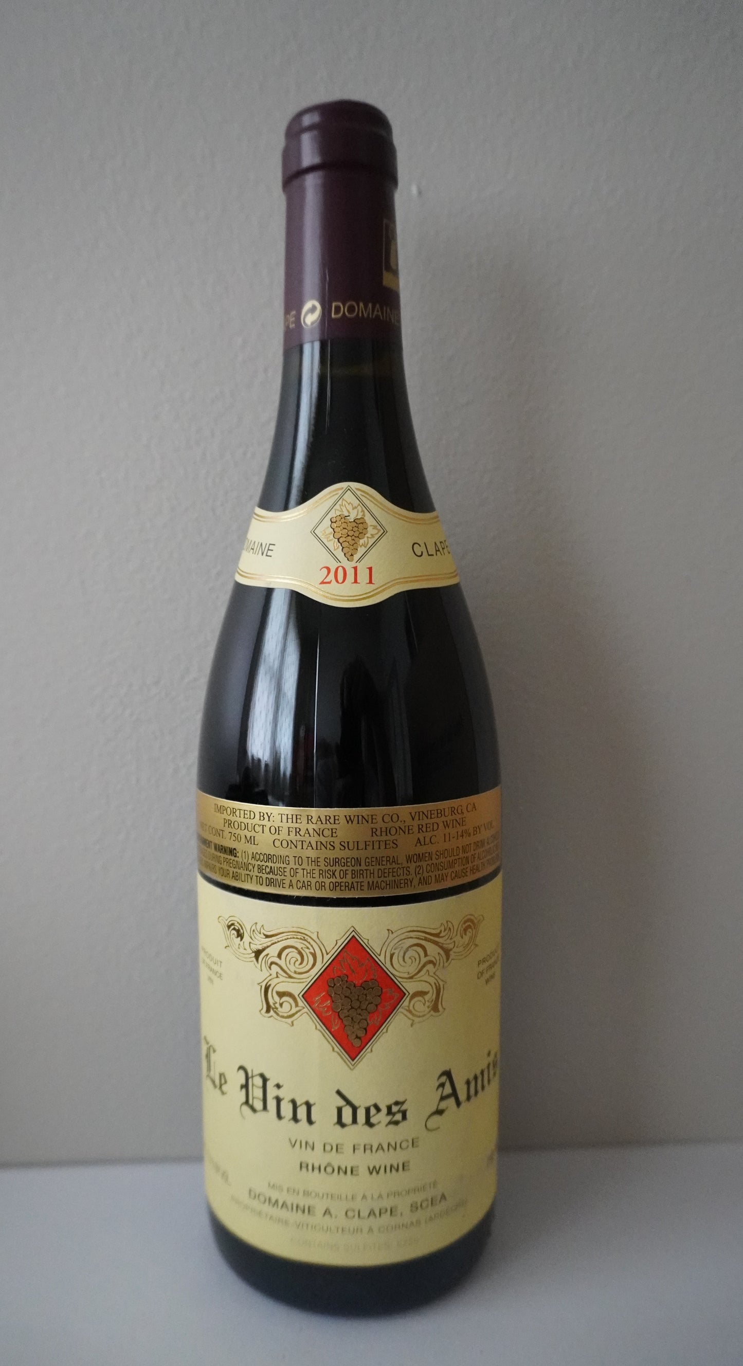 Bottle of August Clape, Syrah, "Vin des Amis," Rhone, France 2011
Front Label