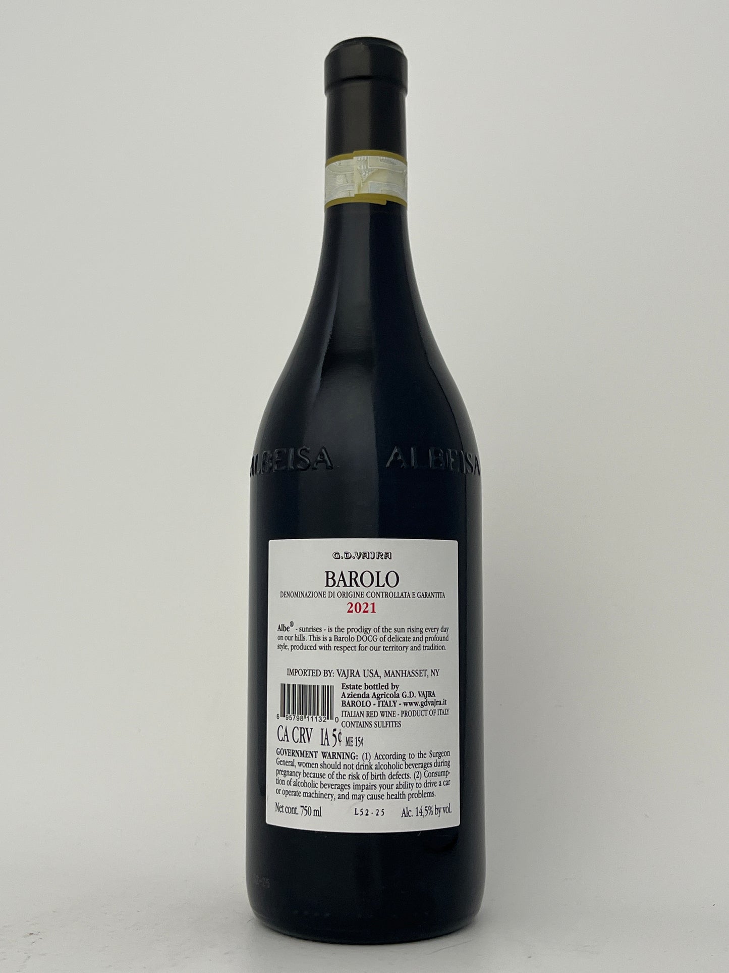 Back label of a bottle of G.D. Vajra, Nebbiolo, "Albe," Barolo, Italy 2021 in a white backround.
