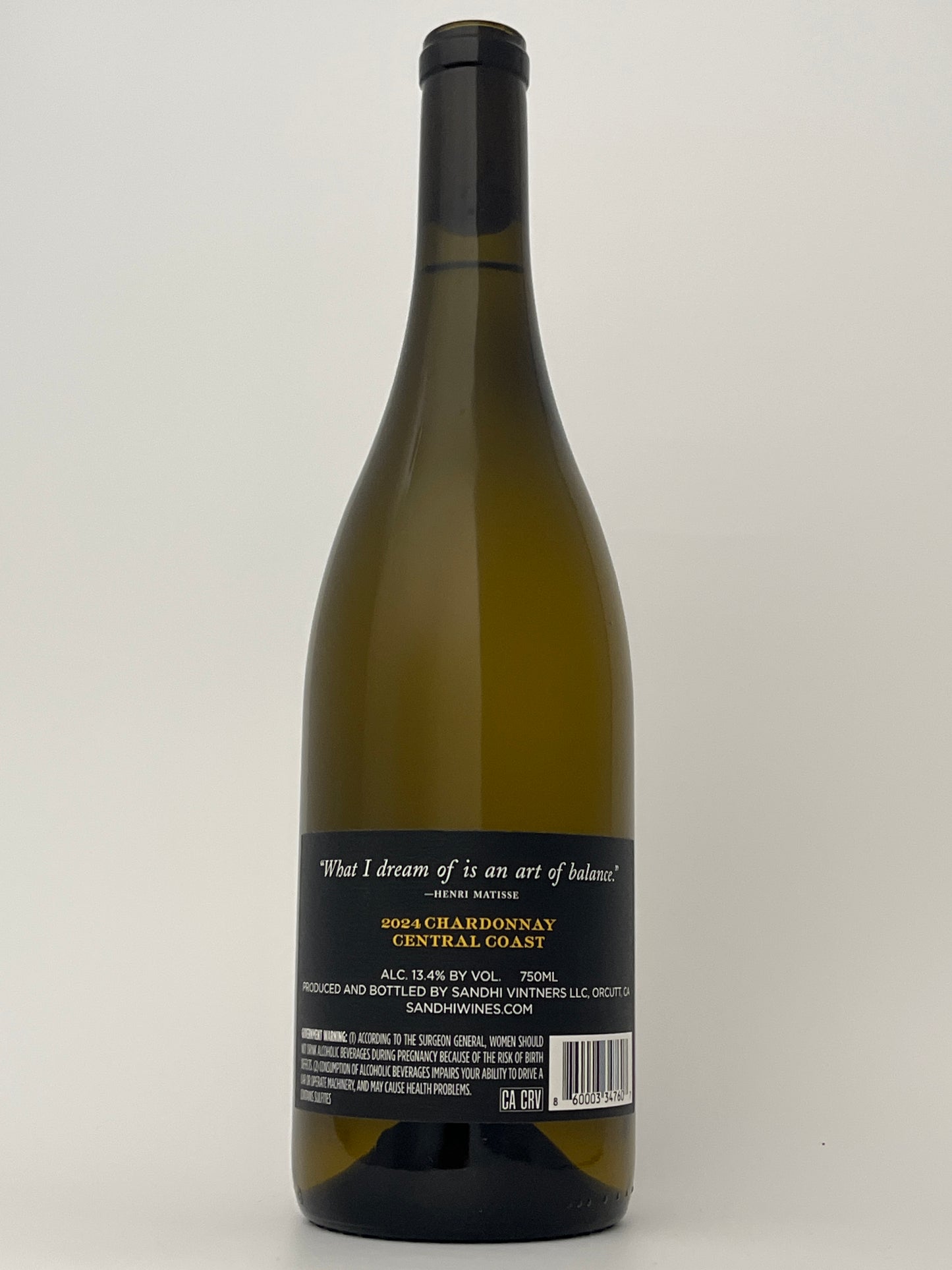 Back label of a bottle of Sandhi, Chardonnay, Central Coast, California, United States 2023 in a white backround.