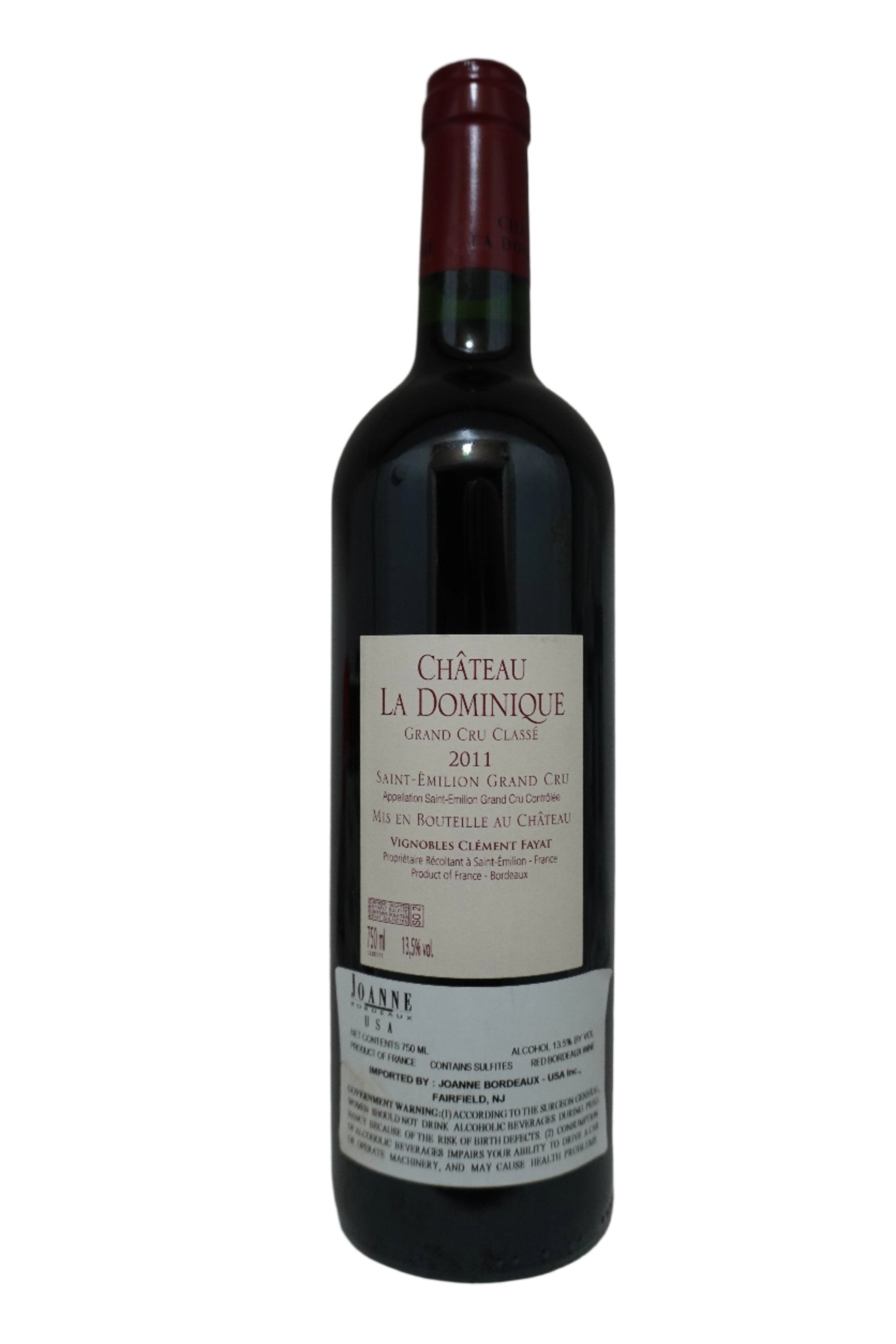 Back label of bottle of Chateau La Dominique Merlot Saint-Emilion-Grand Cru Classe Bordeaux France 2011 Best wine in the world