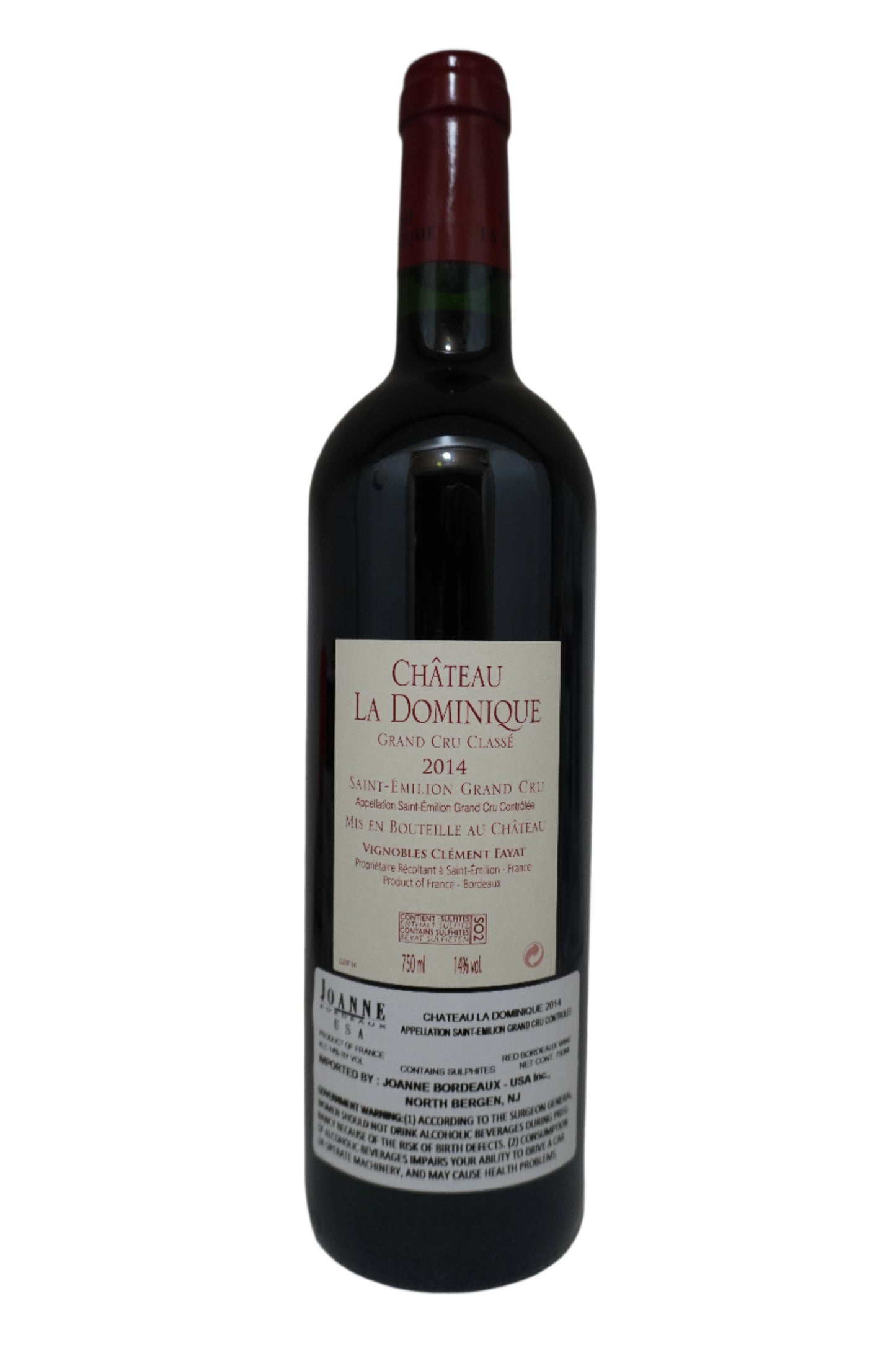 Back label of bottle of Chateau La Dominique Merlot Saint-Emilion-Grand Cru Classe Bordeaux France 2014