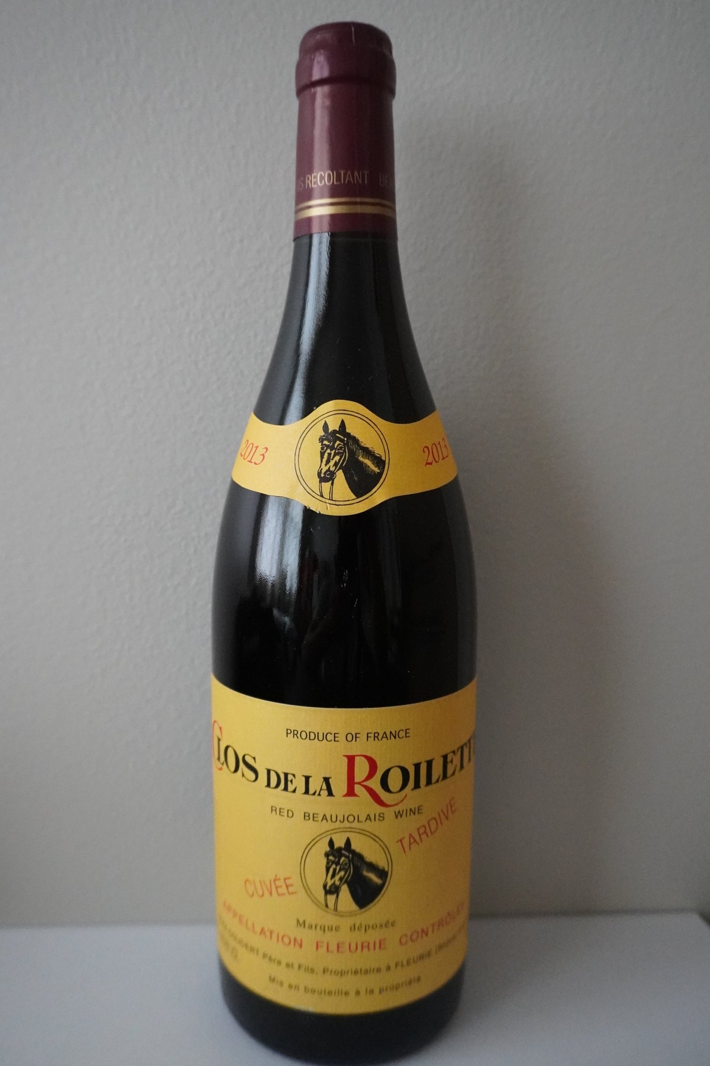 Front label of Clos de la Roilette, Gamay, "Cuvee Tardive," Fleurie, Beaujolais, France 2013