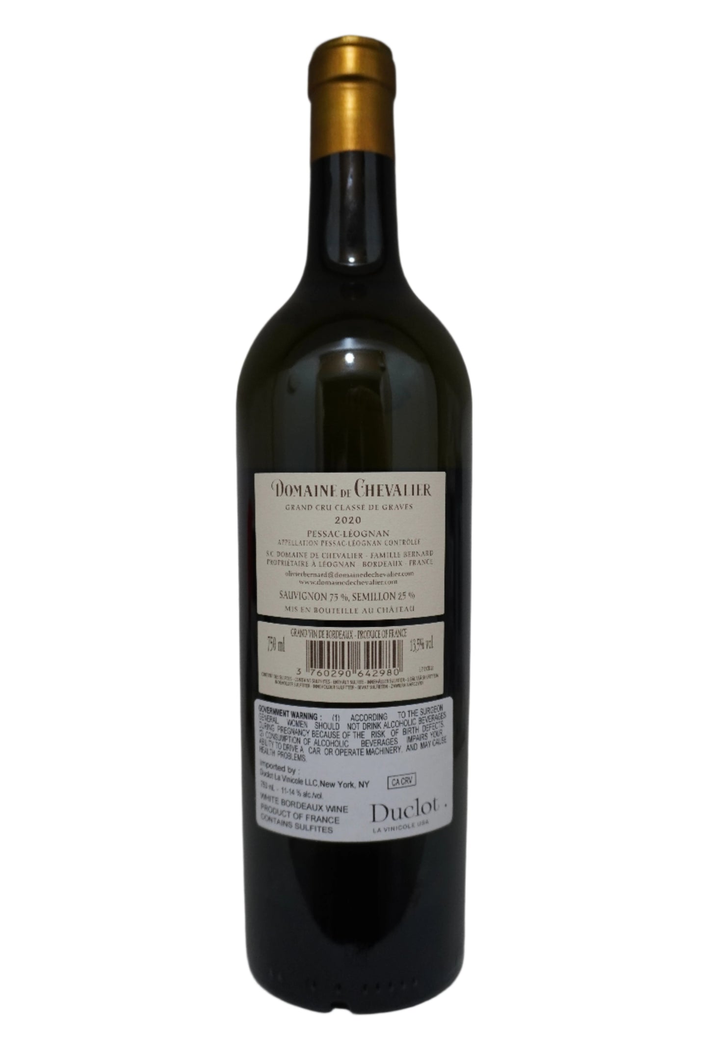 Back Label of Bottle of Domaine de Chevalier. Sauvignon Blanc Pessac-Leognan Bordeaux France 2020