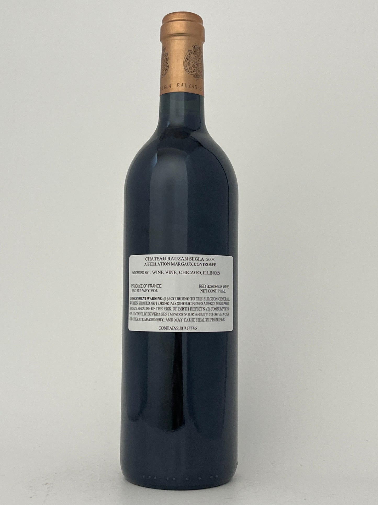 Back label of a bottle of Chateau Rauzan-Segla, Cabernet Sauvignon, Margaux, Bordeaux, France 2003 in a white backround.