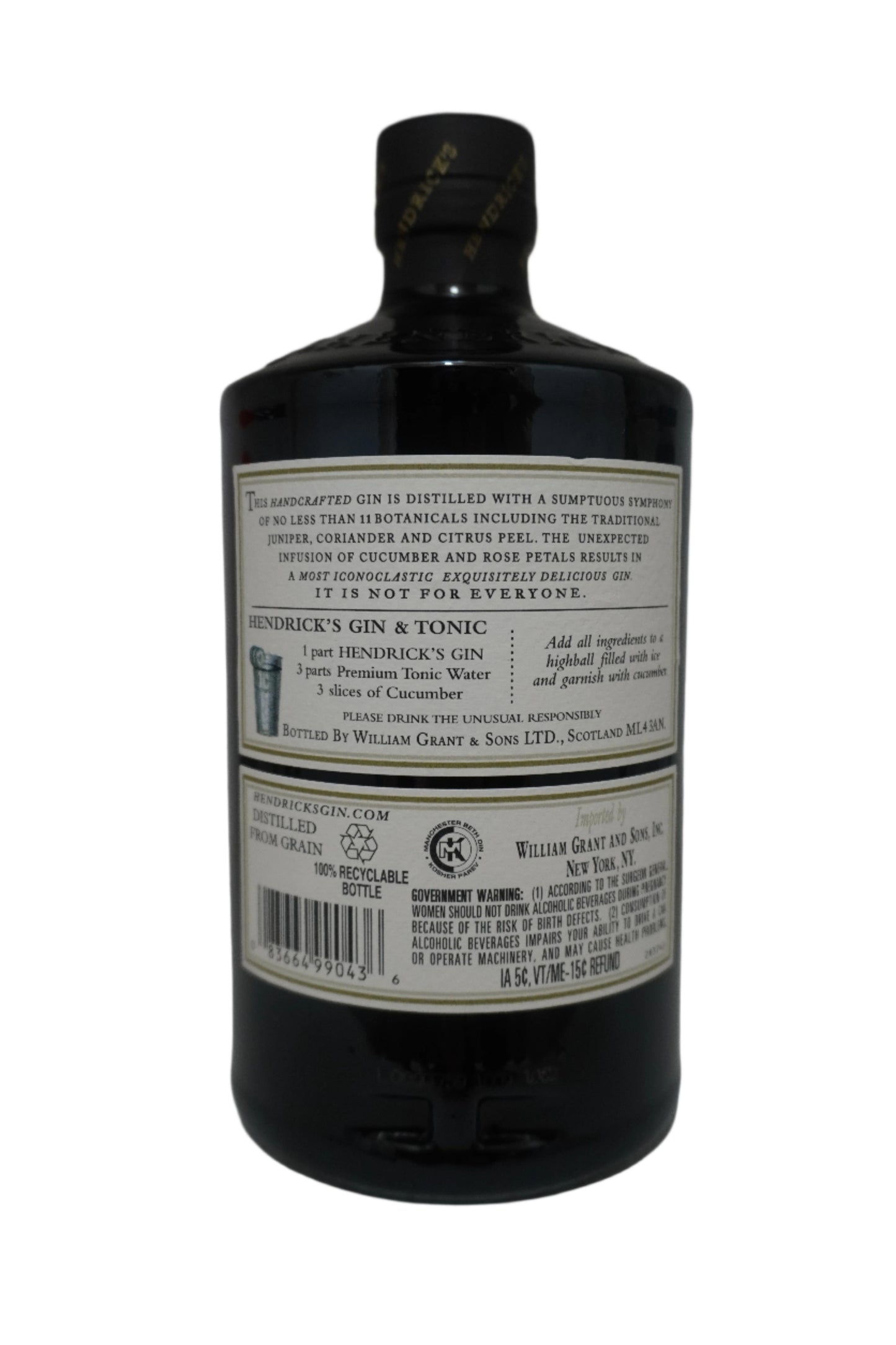 Liquor. Bottle of Hendrick's Gin. Aromatic with notes of Cucumber and Citrus. Stout black bottle with white label.
Back label of bottle of Hendrick's.