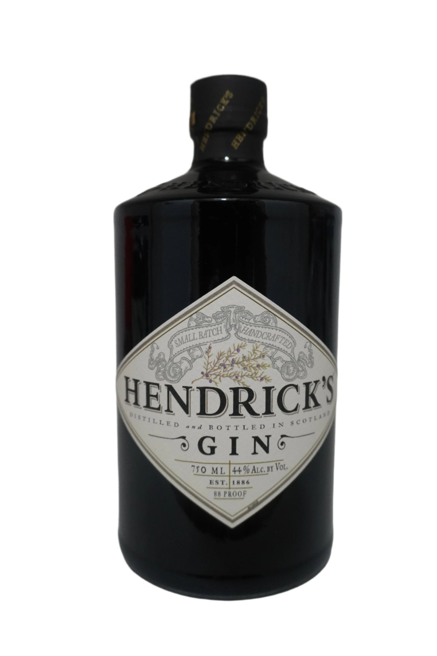 Liquor. Bottle of Hendrick's Gin. Aromatic with notes of Cucumber and Citrus. Stout black bottle with white label.