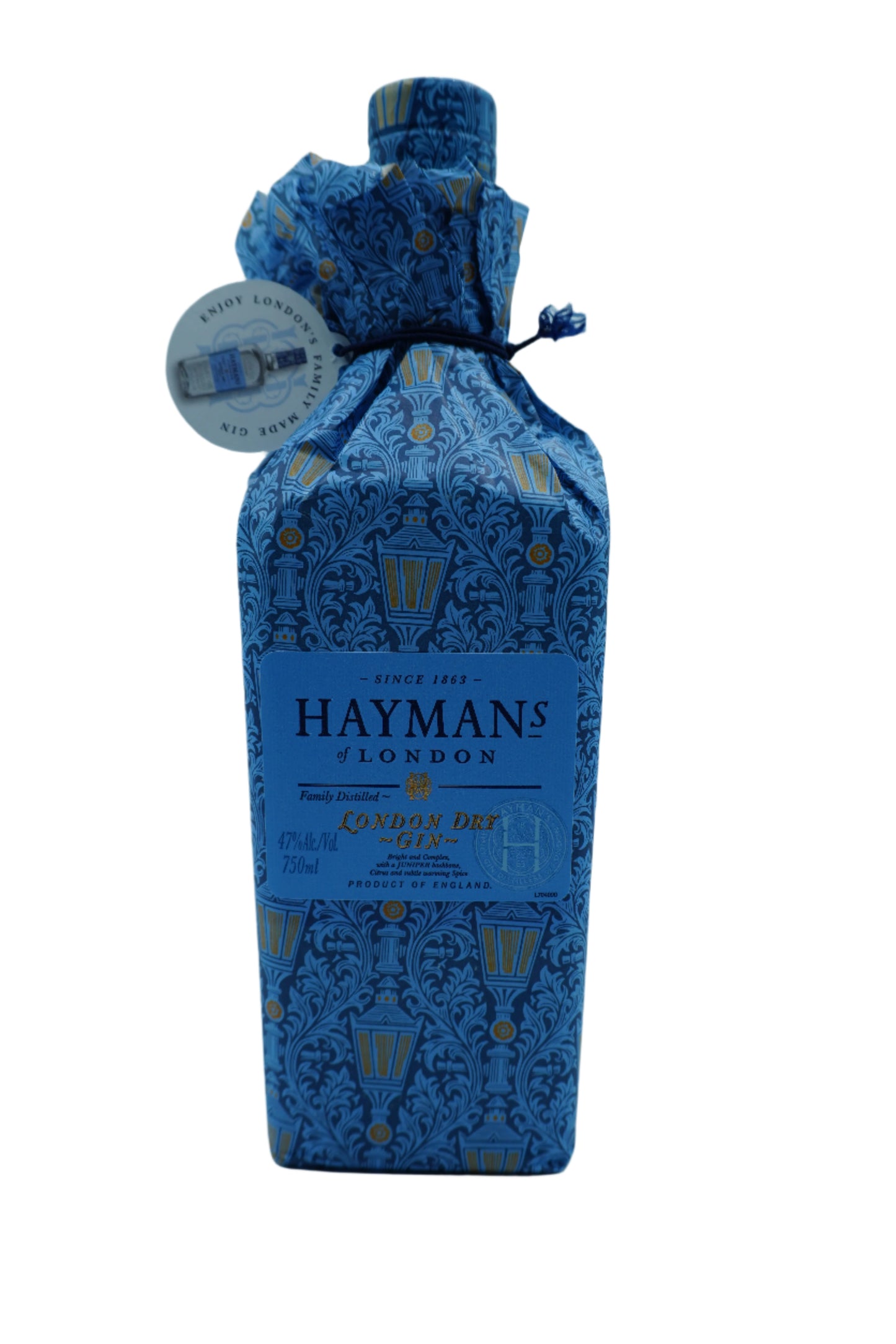Bottle of Hayman's Haymans London Dry Gin Wrapped in Blue Wrap Front Label