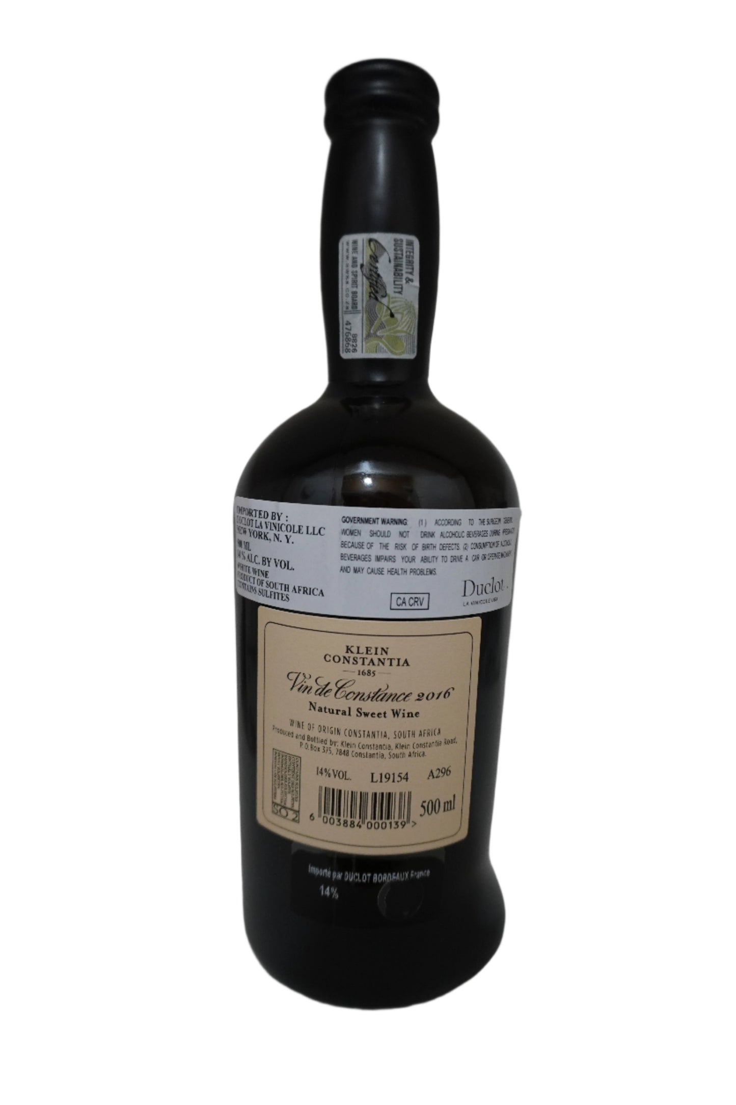 Bottle of Klein Constantia Vin de Constance Back Label