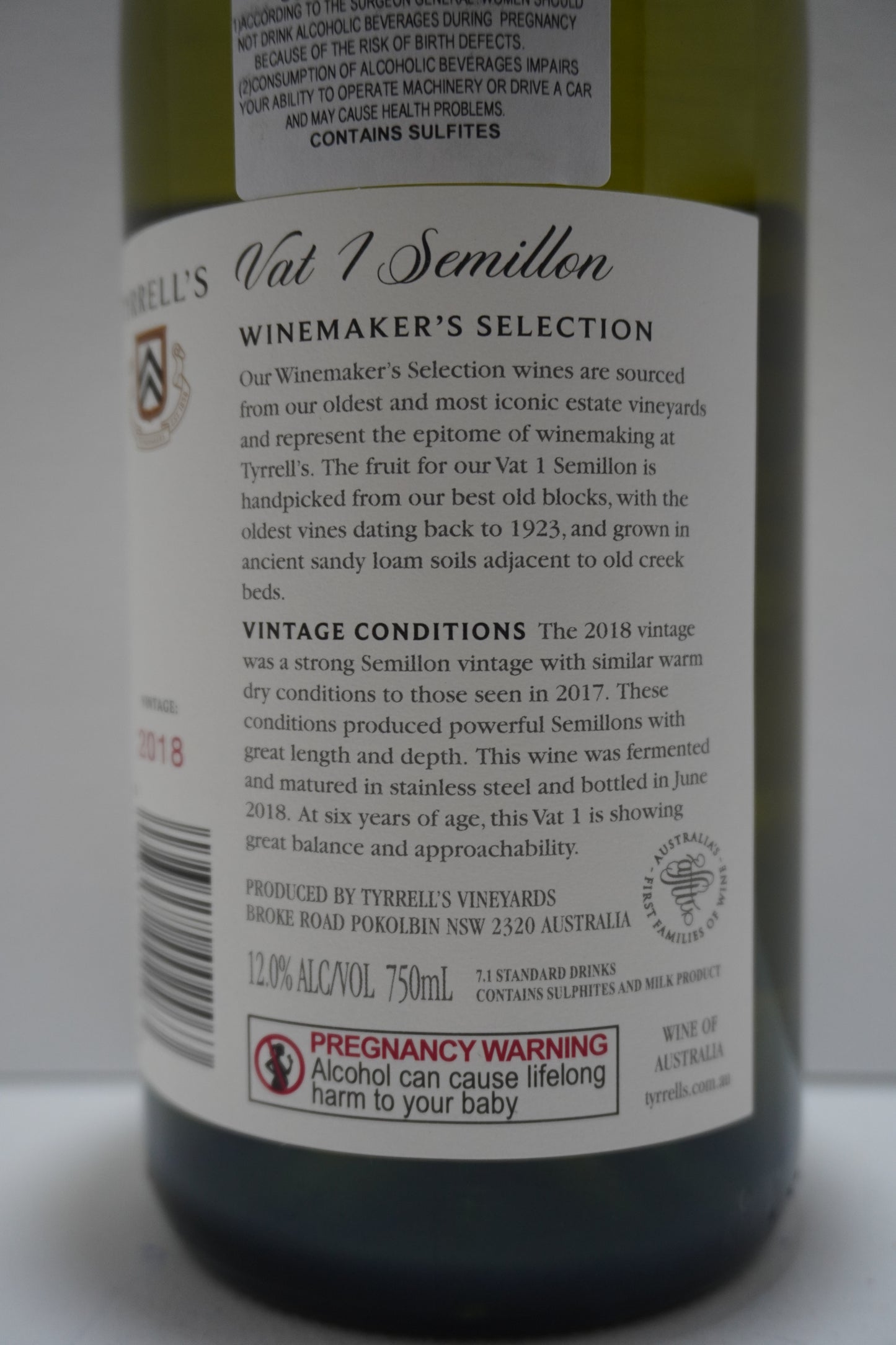 Tyrrell's, Semillon, "Vat 1," Hunter Valley, New South Wales, Australia 2018