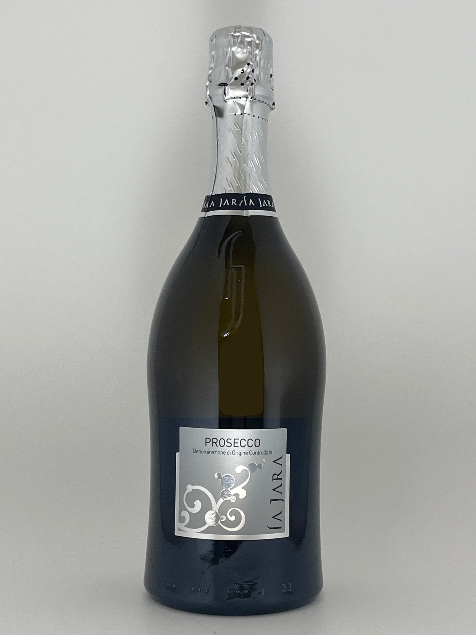 Bottle of La Jara Prosecco
Silver Label on a white backround