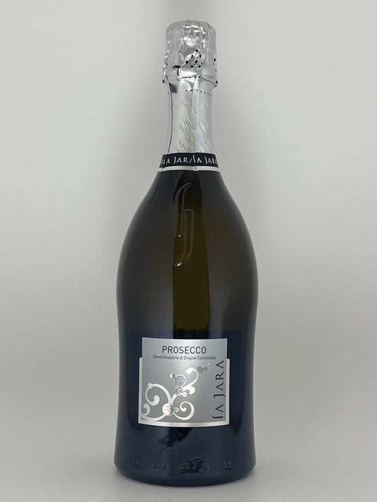 Bottle of La Jara Prosecco
Silver Label on a white backround