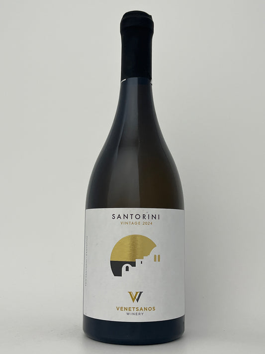 Bottle of Venetsanos, Assyrtiko, Santorini, Greece 2024 in a white backround.	