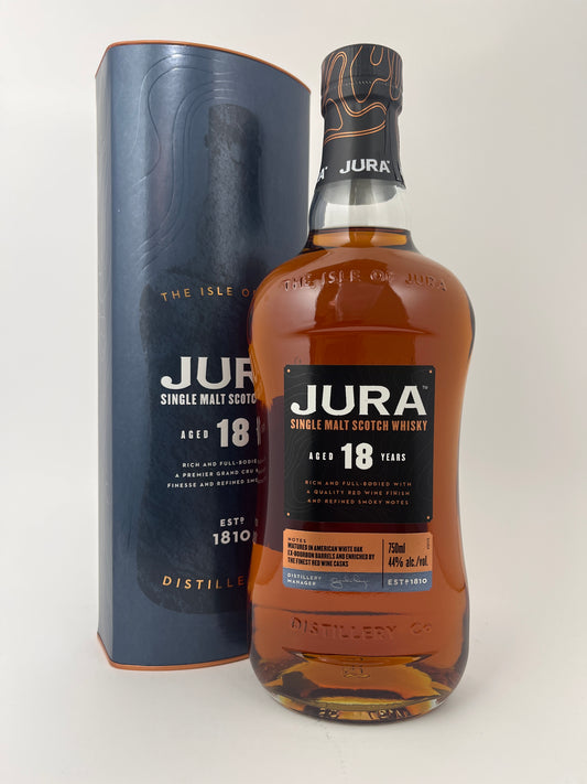 Bottle of Jura 18 Year 750ml with the original box in a white backround.