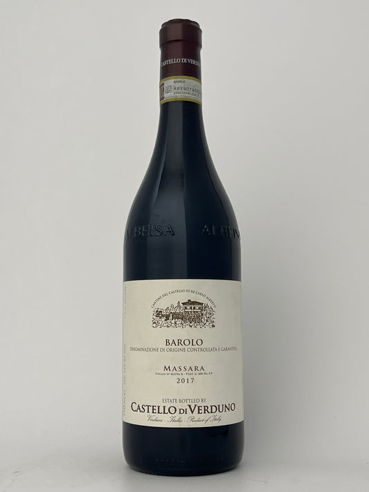Bottle of Castello di Verduno, Nebbiolo, Massara, Barolo, Piedmont, Italy 2017 in a white backround.	