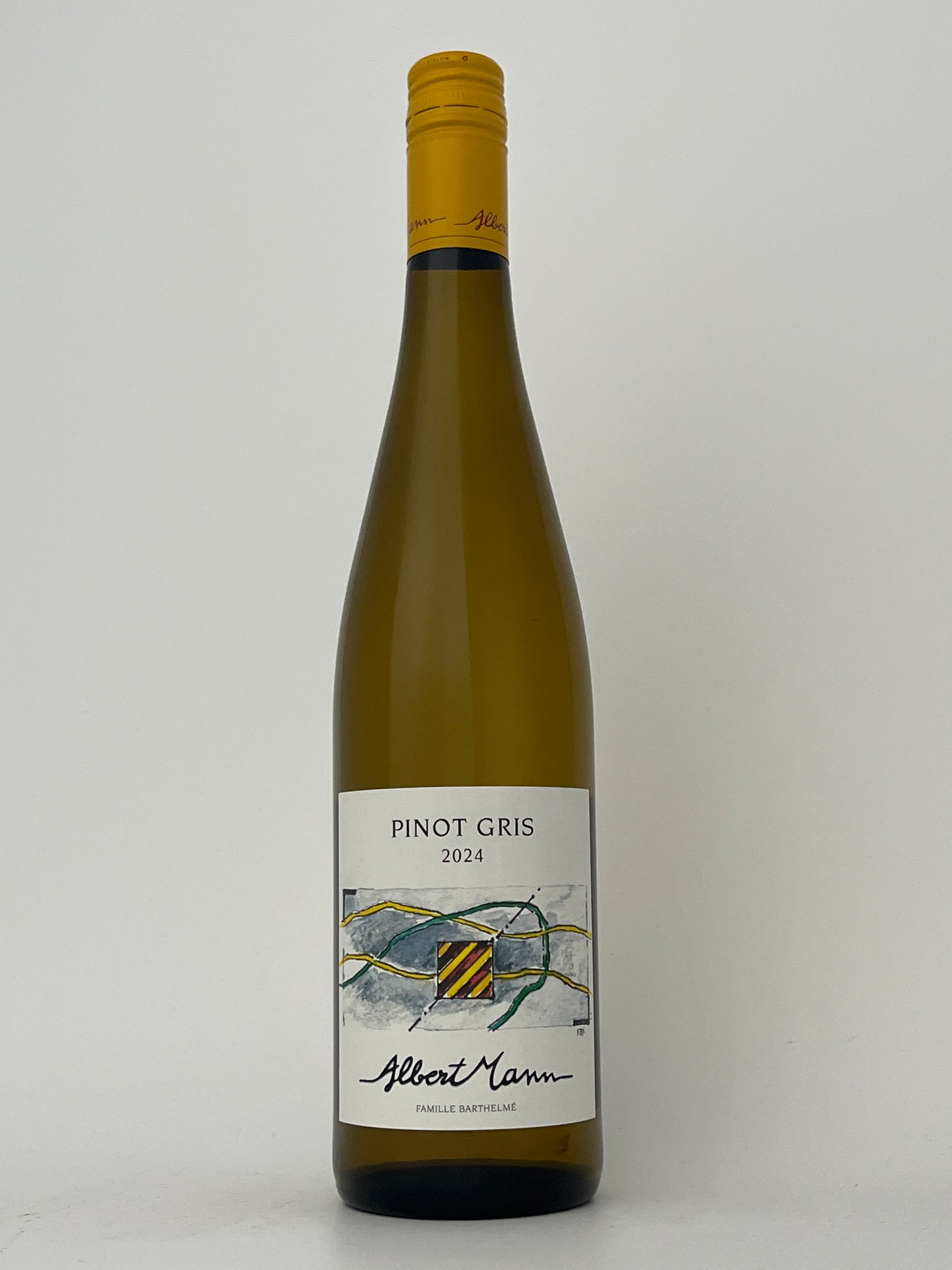 Bottle of Albert Mann, Pinot Gris, Alsace, France 2024 in a white backround.	