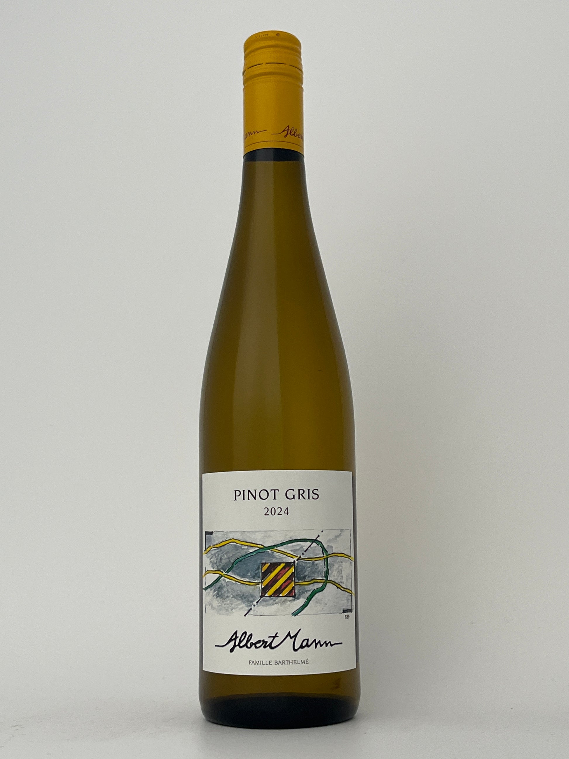 Bottle of Albert Mann, Pinot Gris, Alsace, France 2024 in a white backround.	