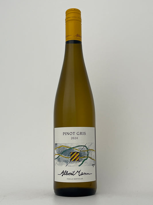 Bottle of Albert Mann, Pinot Gris, Alsace, France 2024 in a white backround.	