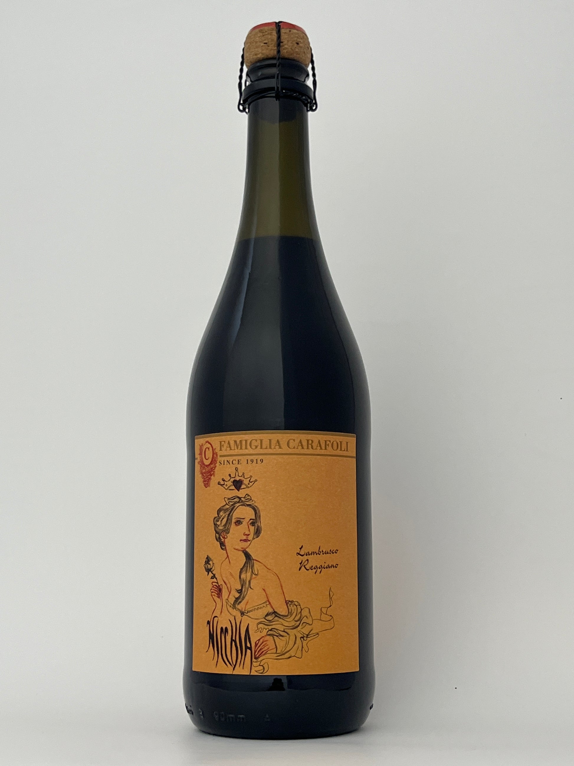 Bottle of Familia Carafoli, Lambrusco di Modena, "Nicchia," Emilia-Romagna, Italy NV in a white backround.	