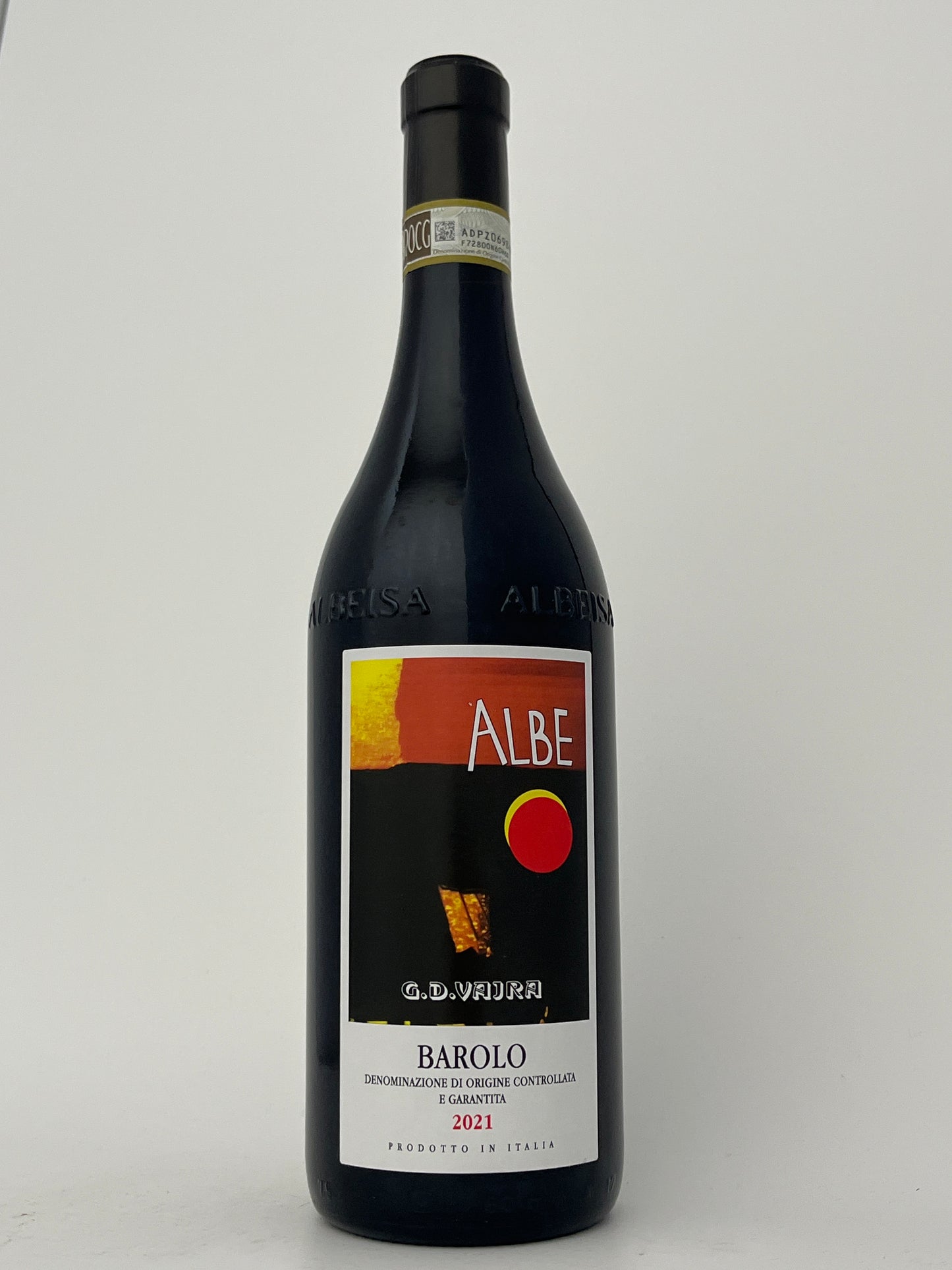Bottle of G.D. Vajra, Nebbiolo, "Albe," Barolo, Italy 2021 in a white backround.	