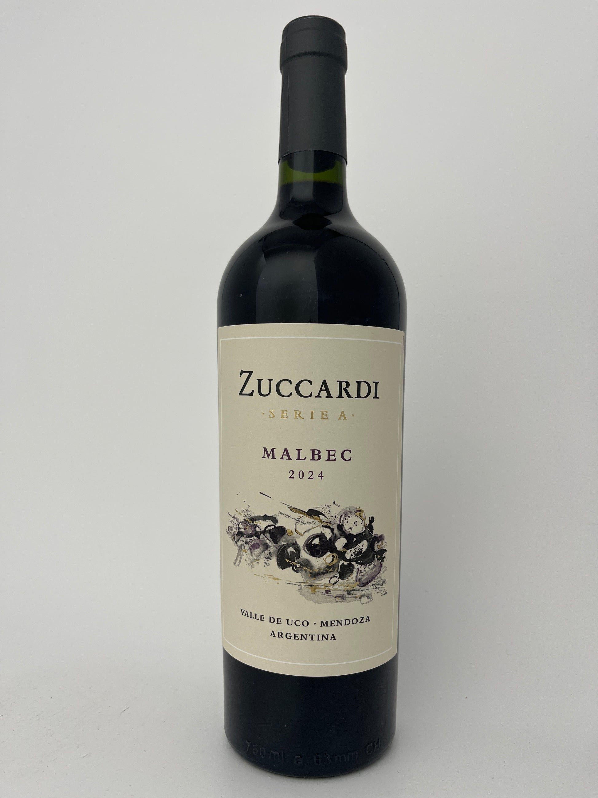 Bottle of Zuccardi, Malbec, "Serie A," Uco Valley, Mendoza, Argentina 2024 in a white backround.	