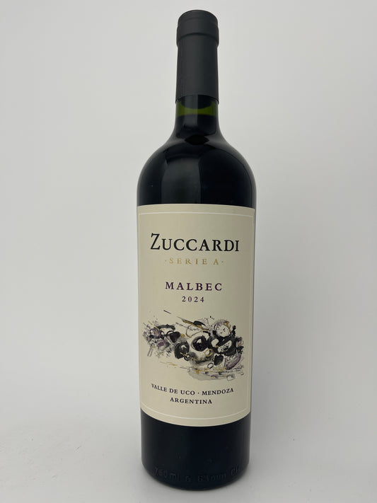 Bottle of Zuccardi, Malbec, "Serie A," Uco Valley, Mendoza, Argentina 2024 in a white backround.	
