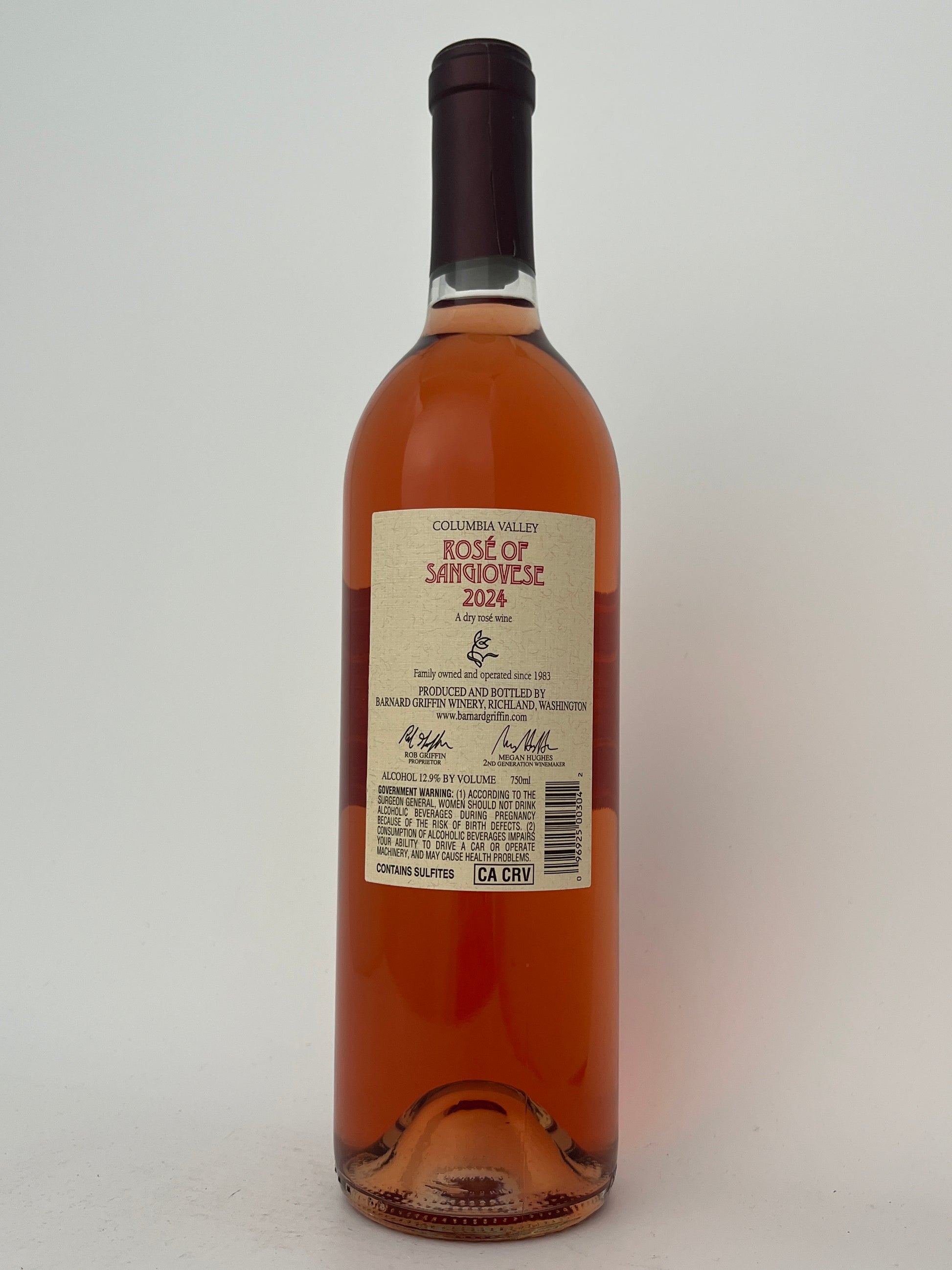 Back label of a bottle of Barnard Griffin, Rose of Sangiovese, Columbia Valley, Washington 2024 in a white backround.