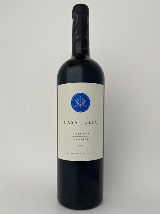 Bottle of Casa Julia, Carmenere, Reserva, Maipo Valley, Valle Central, Chile 2022 in a white backround.	