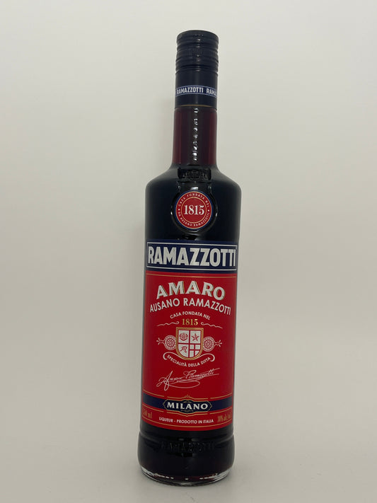 Bottle of Amaro Ramazzotti on a white backround. 