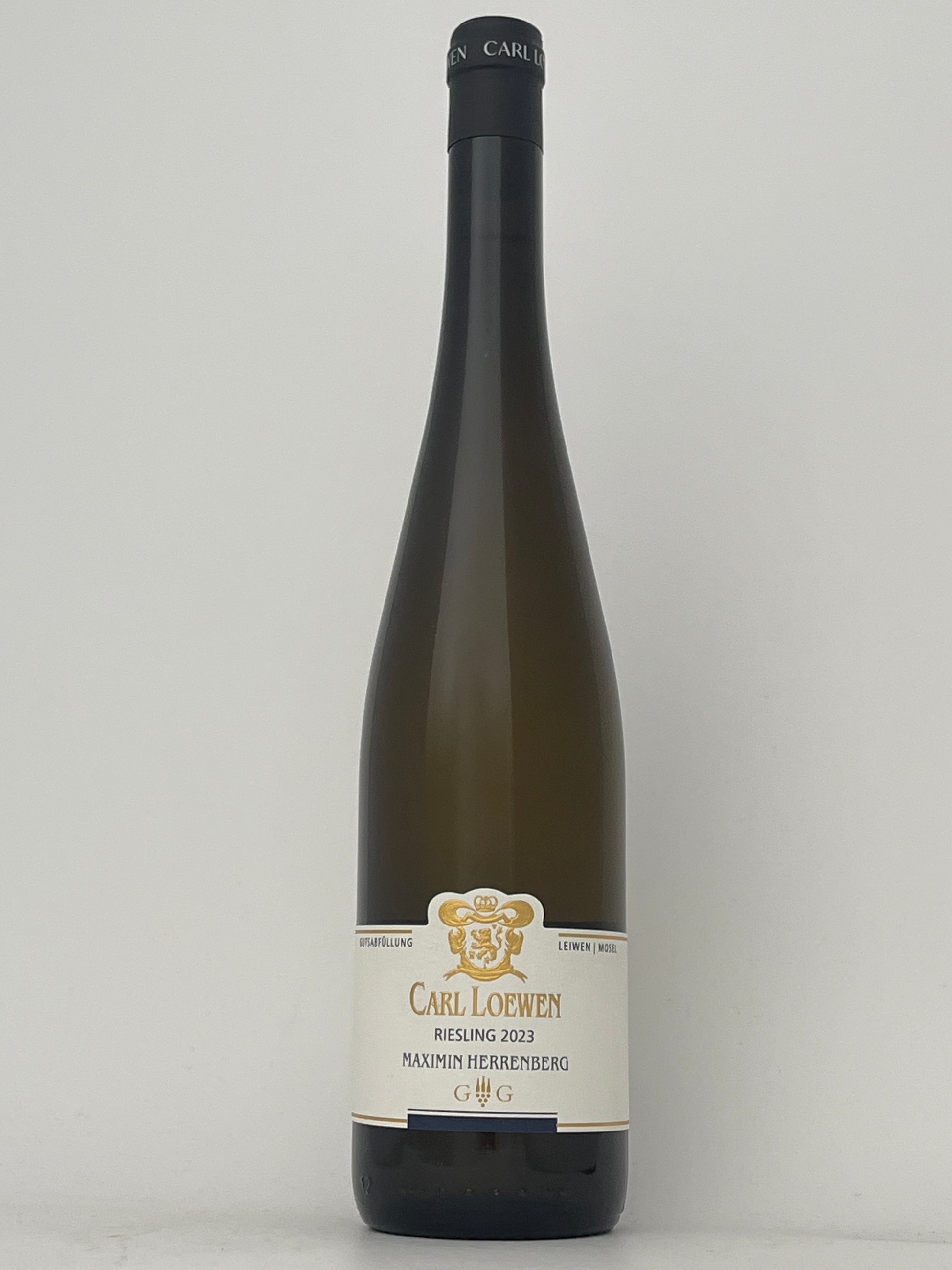 Bottle of Carl Loewen, Riesling, Grosses Gewachs, Maximin Herrenberg, Mosel, Germany 2023 in a white backround.