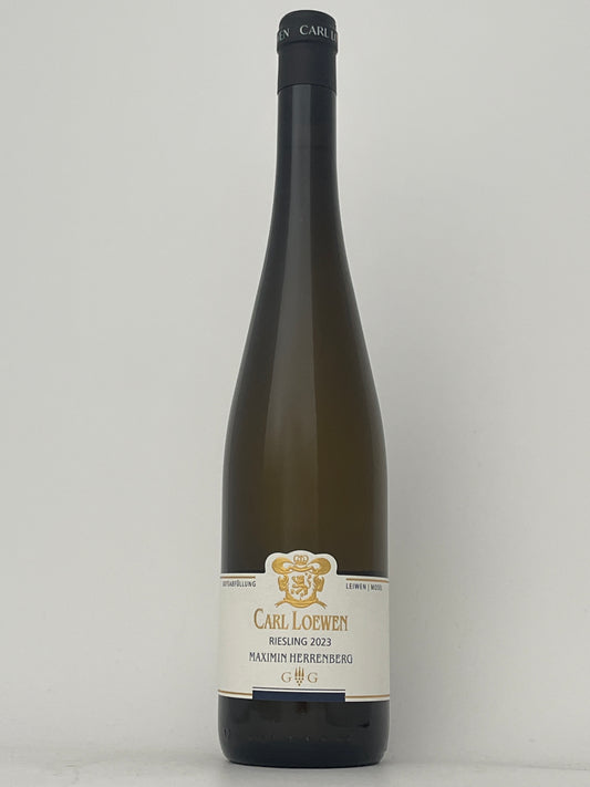 Bottle of Carl Loewen, Riesling, Grosses Gewachs, Maximin Herrenberg, Mosel, Germany 2023 in a white backround.