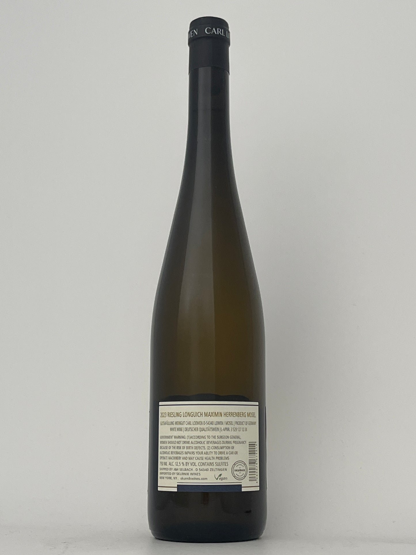 Back label of a bottle of Carl Loewen, Riesling, Grosses Gewachs, Maximin Herrenberg, Mosel, Germany 2023 in a white backround.