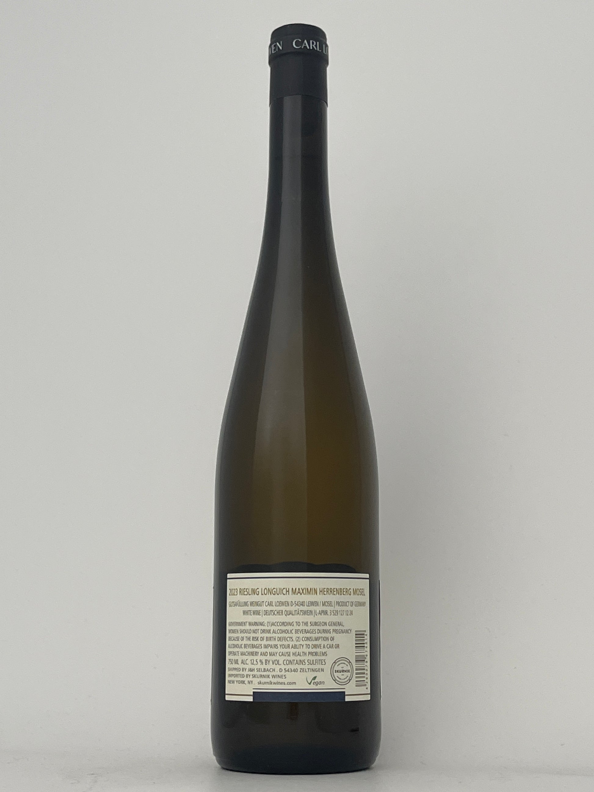 Back label of a bottle of Carl Loewen, Riesling, Grosses Gewachs, Maximin Herrenberg, Mosel, Germany 2023 in a white backround.
