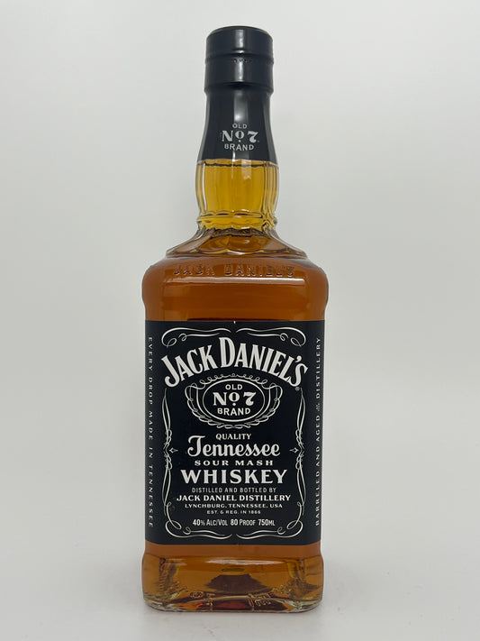 Bottle of Jack Daniel's Old No 7 Tennessee Whiskey in a white backround. 