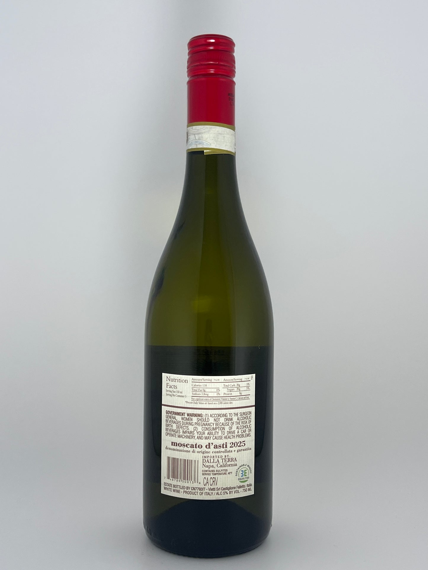 Back label of wine bottle of Vietti Moscato d'Asti 2025 on a white background