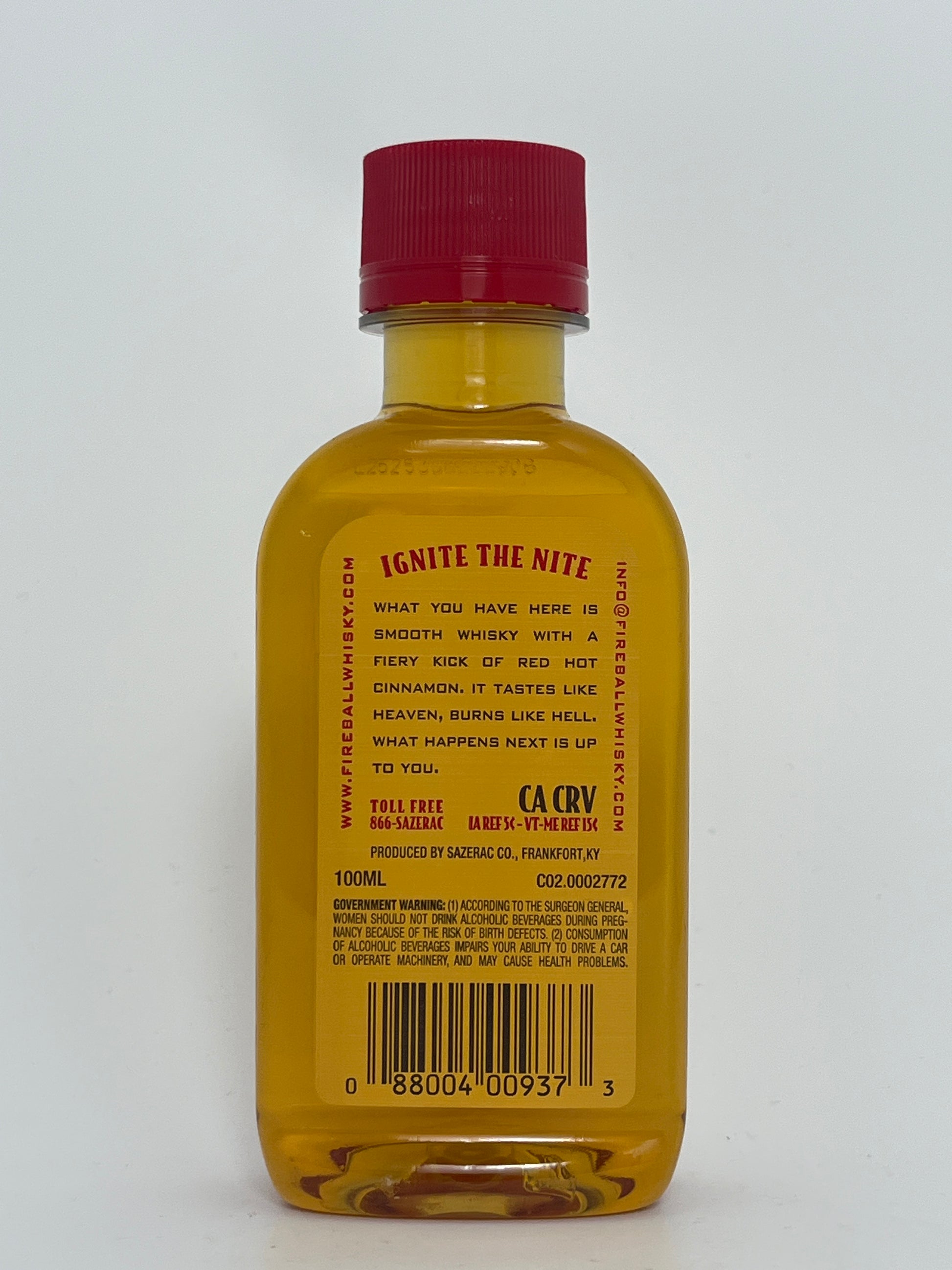 Back label of a bottle of Fireball Cinnamon Whisky (100 ml) in a white backround.