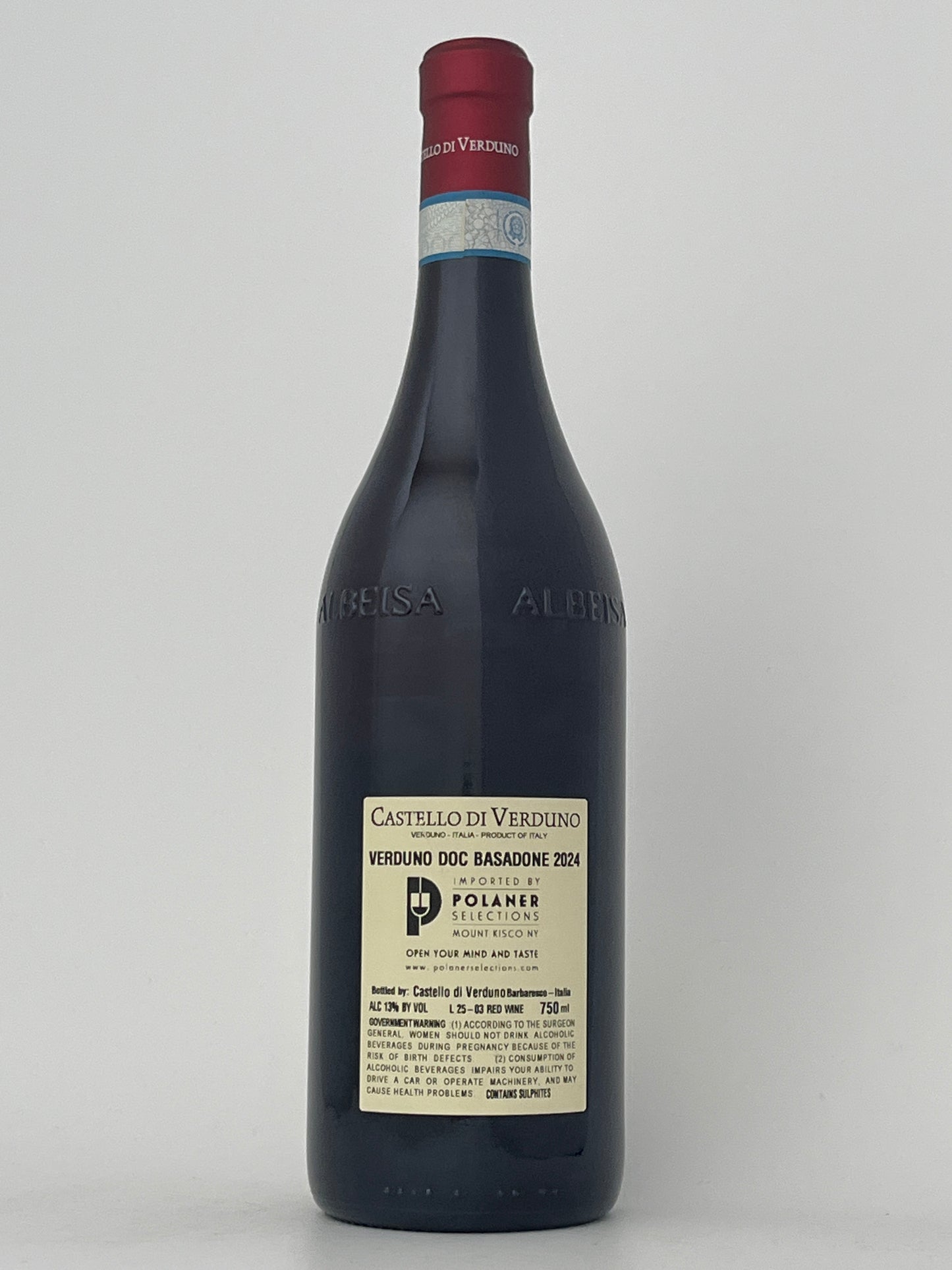 Back label of a bottle of Castello di Verduno, Pelaverga, "Basadone," Piedmont, Italy 2023 in a white backround.