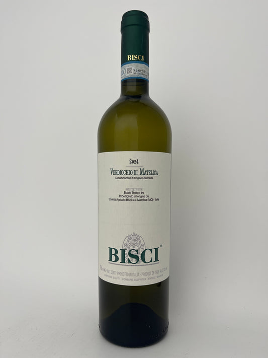 Bottle of Bisci, Verdicchio di Matelica, Marche, Italy 2024 in a white backround.	